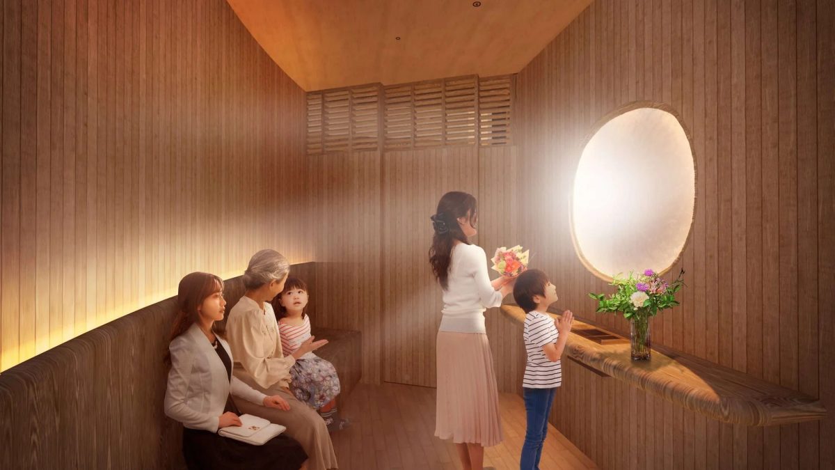 家族、供養、祈り、仏間、納骨堂、現代的、木目調、静寂、花、セレモニー、多世代