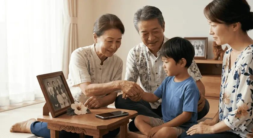 和室で三世代家族が団らんする様子
