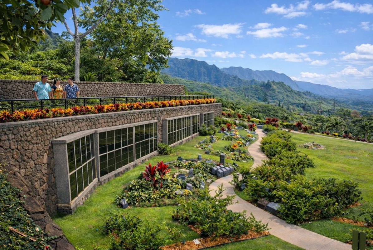 緑豊かな山々を望む広大な庭園の景色。石造りの建物と、色とりどりの植物が植えられた小道が特徴