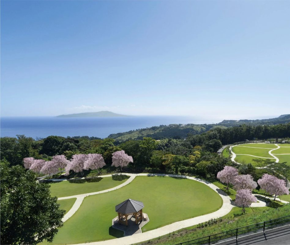 青い海と空が広がる絶景を背景に、満開の桜と緑豊かな芝生が広がる公園の風景です。木製のガゼボがあり、散策路が整備された穏やかな空間が描かれています。遠くには島が見えます。