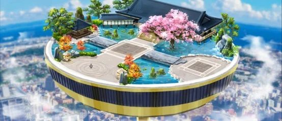 空中に浮かぶ円形の島に日本庭園が広がる幻想的な風景