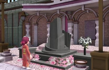 着物を着た女性キャラクターが墓石の前に立つイメージ