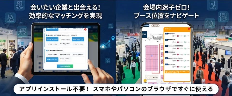 展示会やイベントにおいて、企業との効率的なマッチングと会場内のブースナビゲーションを提供するウェブサービス